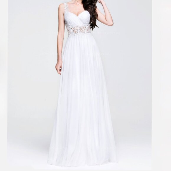 WHITE A-LINE/SWEETHEART NECKLINE CHIFFON WEDDING DRESS WITH LACE TOP & CRYSTALS - Picture 3 of 17